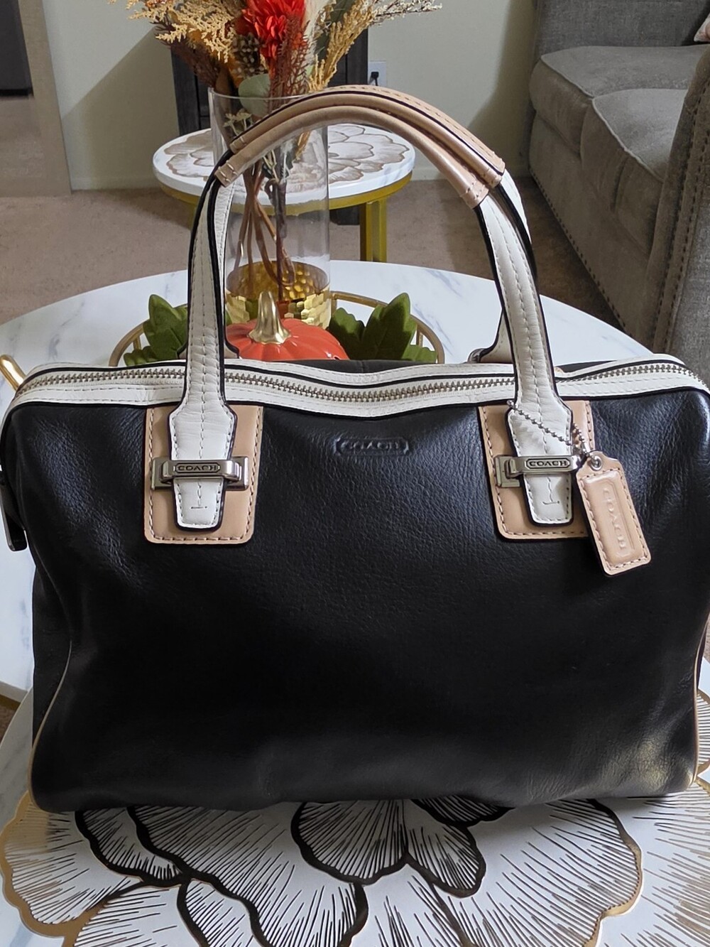 COACH Taylor Spectator Satchel Soft Black Leather Bag Cream
